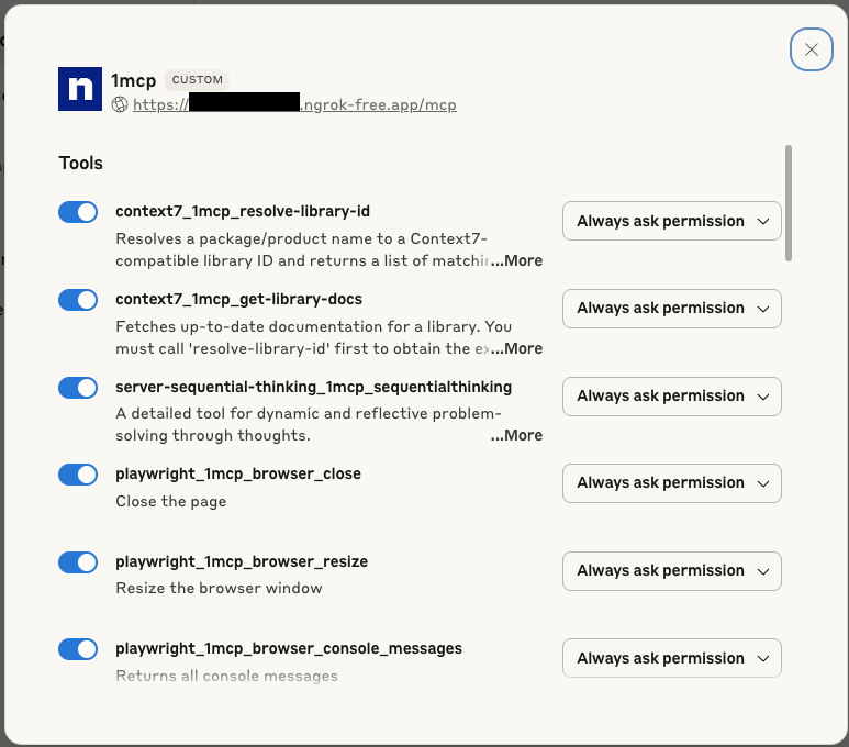 Step 2: Available tools from 1MCP